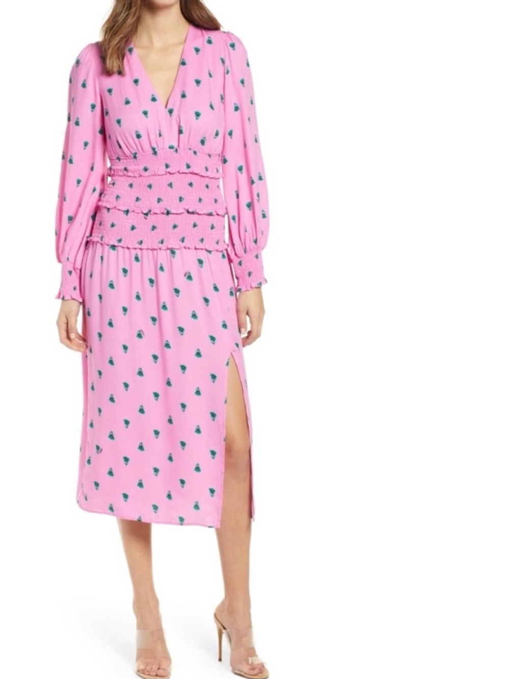 afrm Hazel Print Smocked Pink Midi Dress Size S